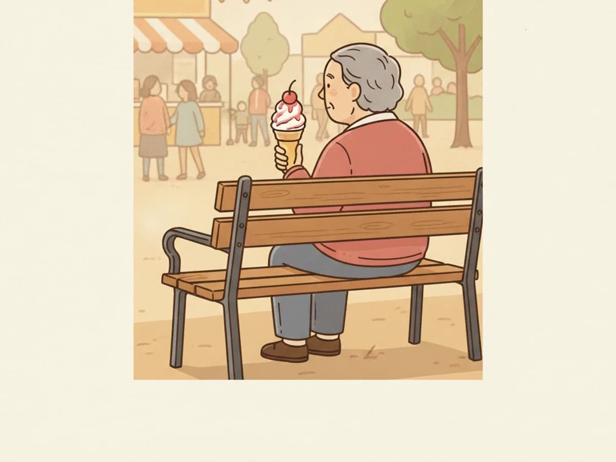 Illustration: Ältere Person sitzt mit einer Softeis-Waffel auf einer Bank und schaut auf das Treiben am Platz