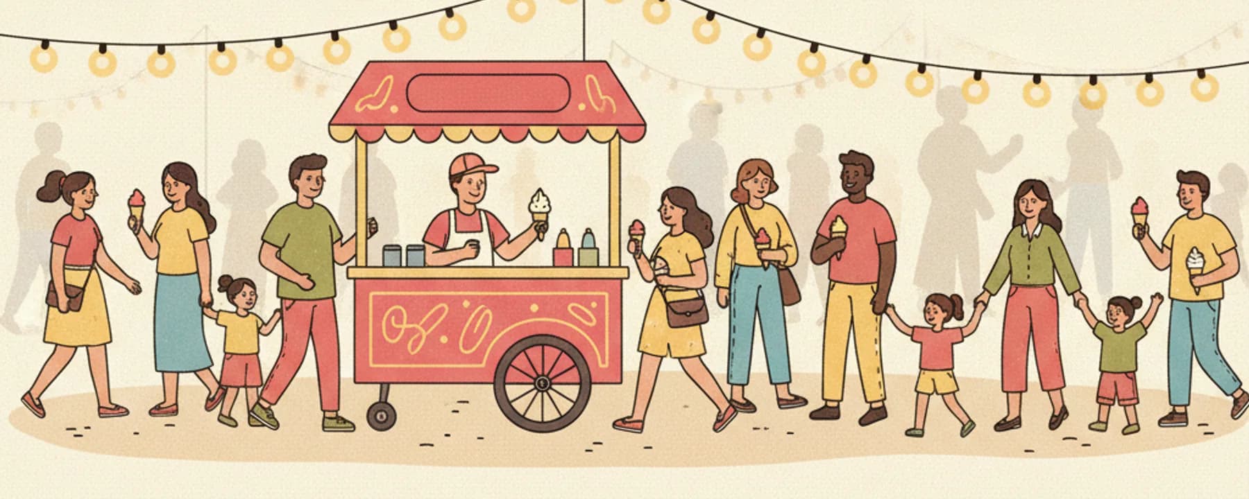 Illustration: Eiswagen auf einem Straßenfest unter Lichterketten, Familien gehen mit Softeis in der Waffel daran vorbei