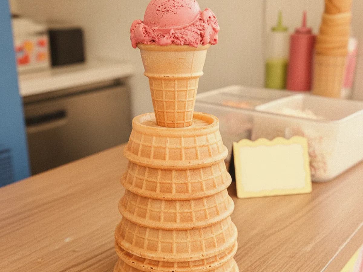 Gestapelte Waffeltüten neben der Maschine — von klein bis groß