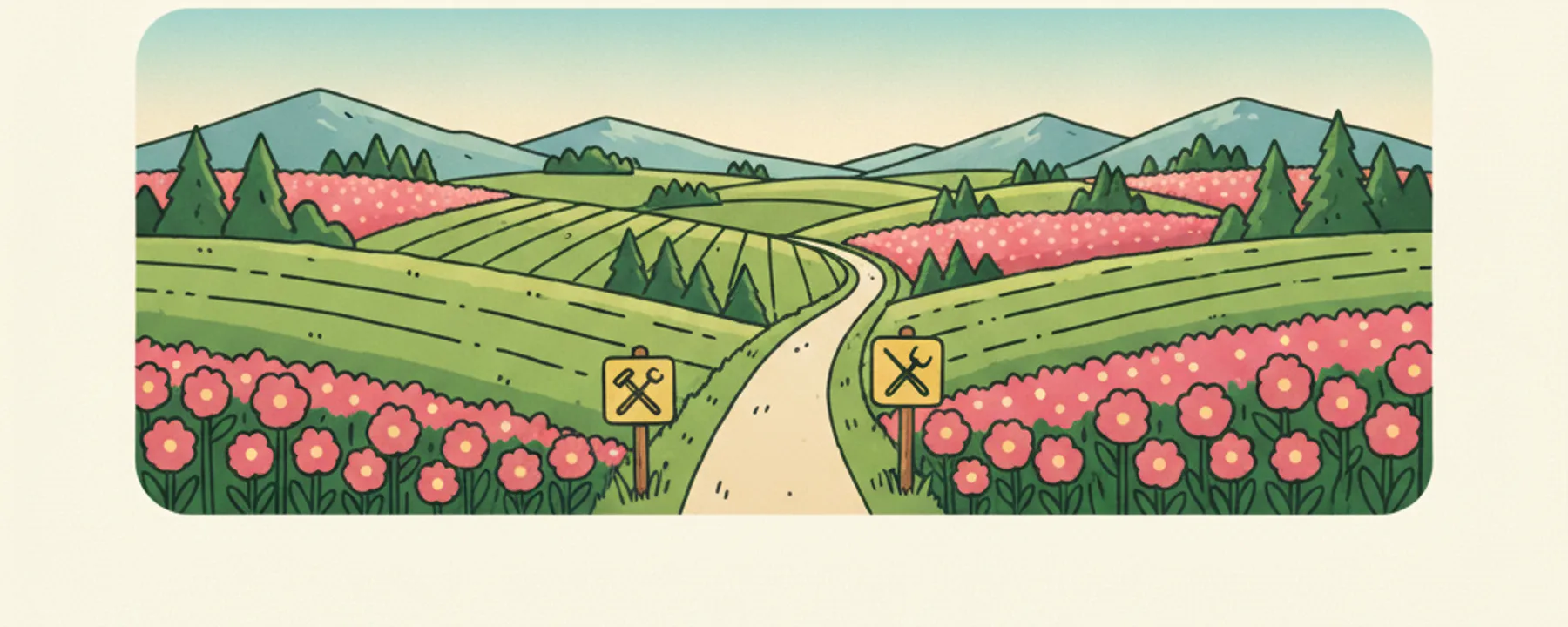 Illustration: Landstraße durch oberbayerisches Hügelland, am Horizont die Alpen