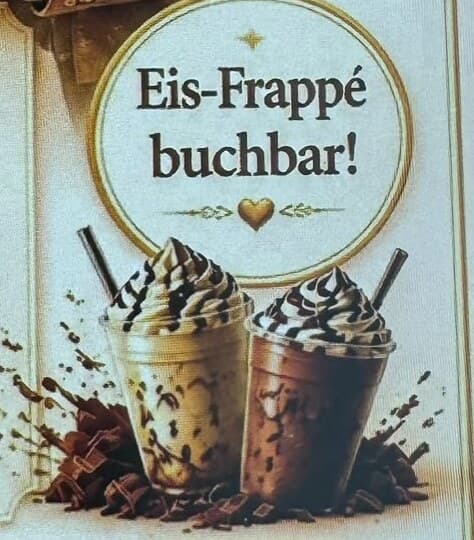 Mondys Werbebild «Eis-Frappé buchbar!» — rundes Schild über zwei Frappé-Bechern mit Sahne, Schokosauce und Schokostücken
