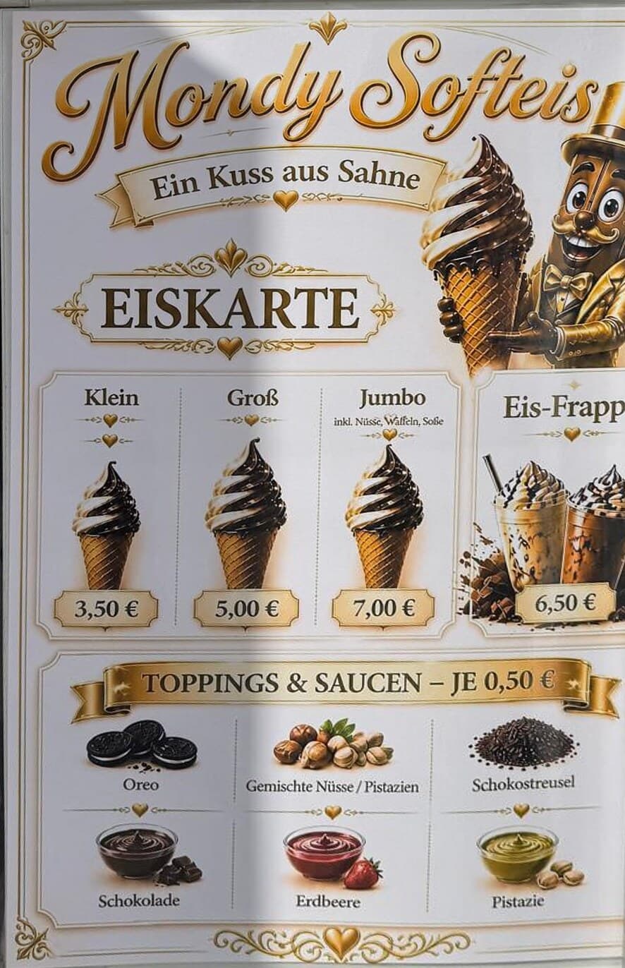 Die Eiskarte-Tafel am Wagen von Mondy Softeis: Klein 3,50 €, Groß 5,00 €, Eis-Frappé 6,50 €, darunter Toppings & Saucen je 0,50 € mit Oreo, gemischten Nüssen, Schokostreuseln, Schokolade, Erdbeere und Pistazie
