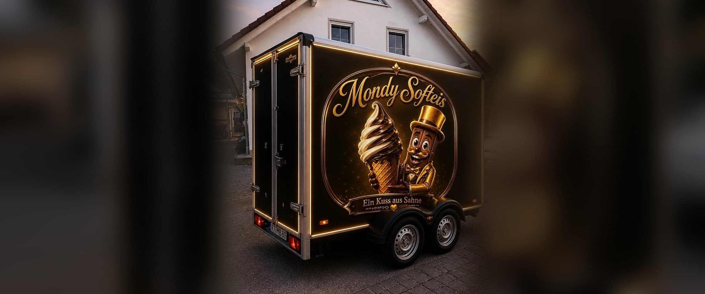 Mondys Softeis-Anhänger am Abend: beleuchtete Konturen und das goldene Motiv „Ein Kuss aus Sahne“ auf der Seitenwand
