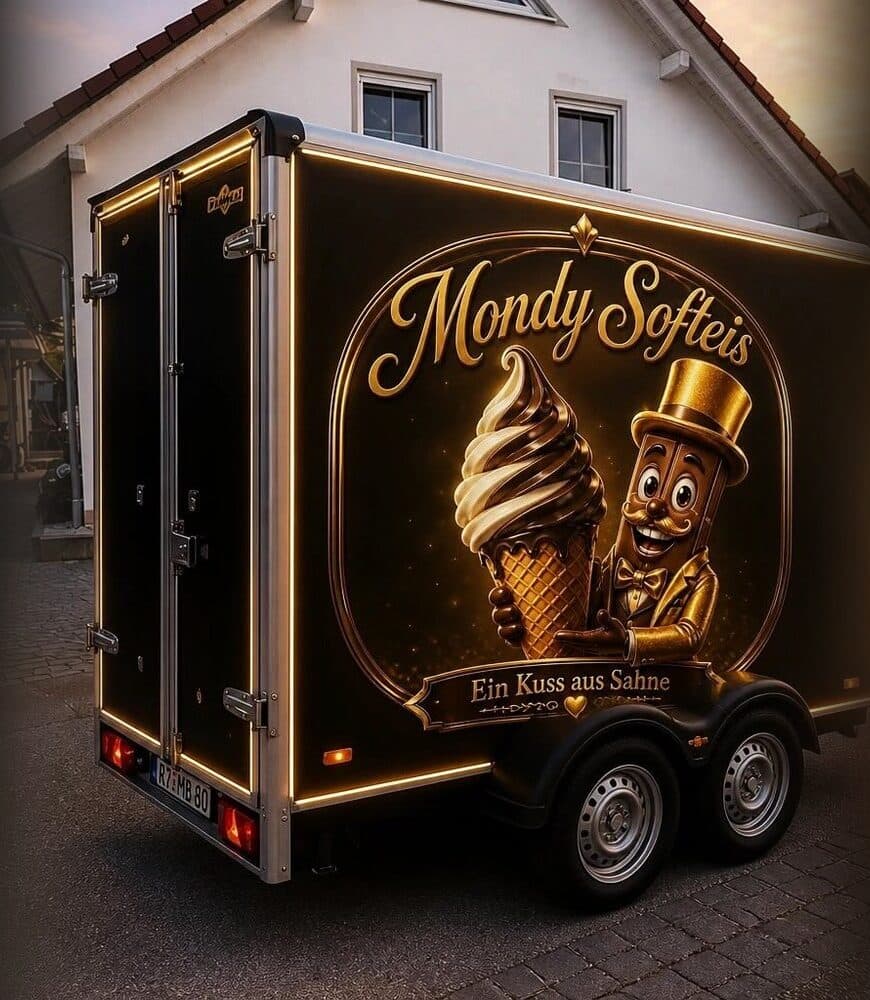 Mondys Softeis-Anhänger am Abend: beleuchtete Konturen und das goldene Motiv „Ein Kuss aus Sahne“ auf der Seitenwand