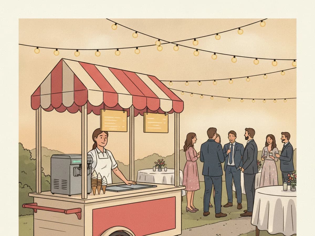 Illustration: Eiswagen bei einer Gartenhochzeit unter Lichterketten, Gäste in Anzug und Kleid stehen an Stehtischen